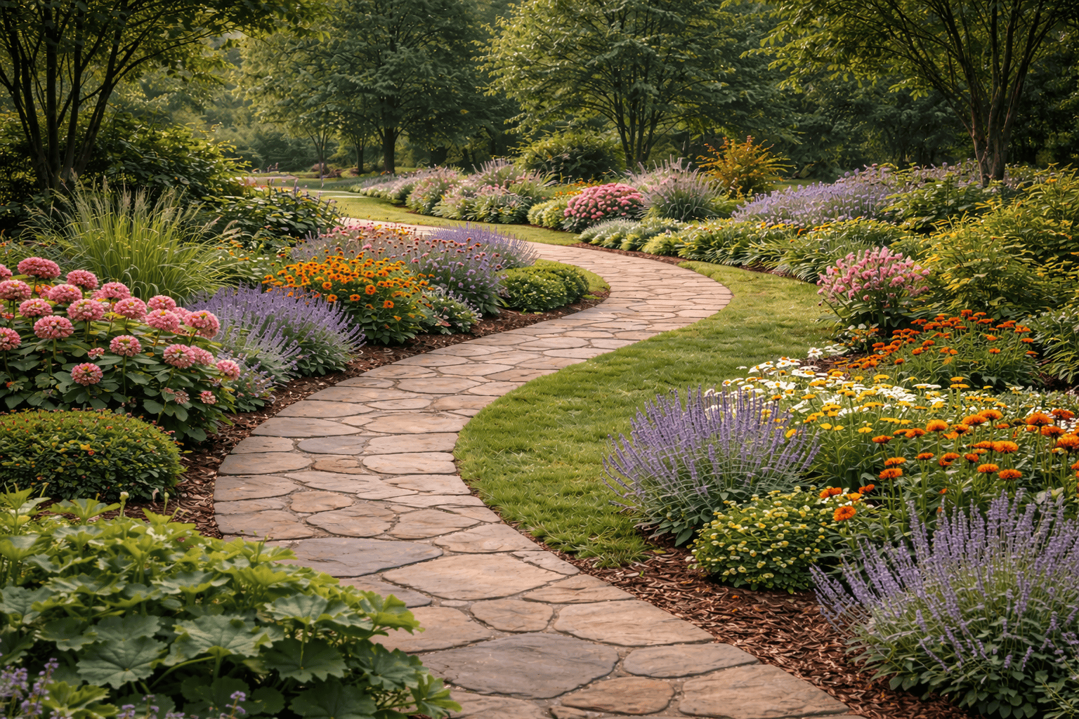 Garden path through a landscaped garden