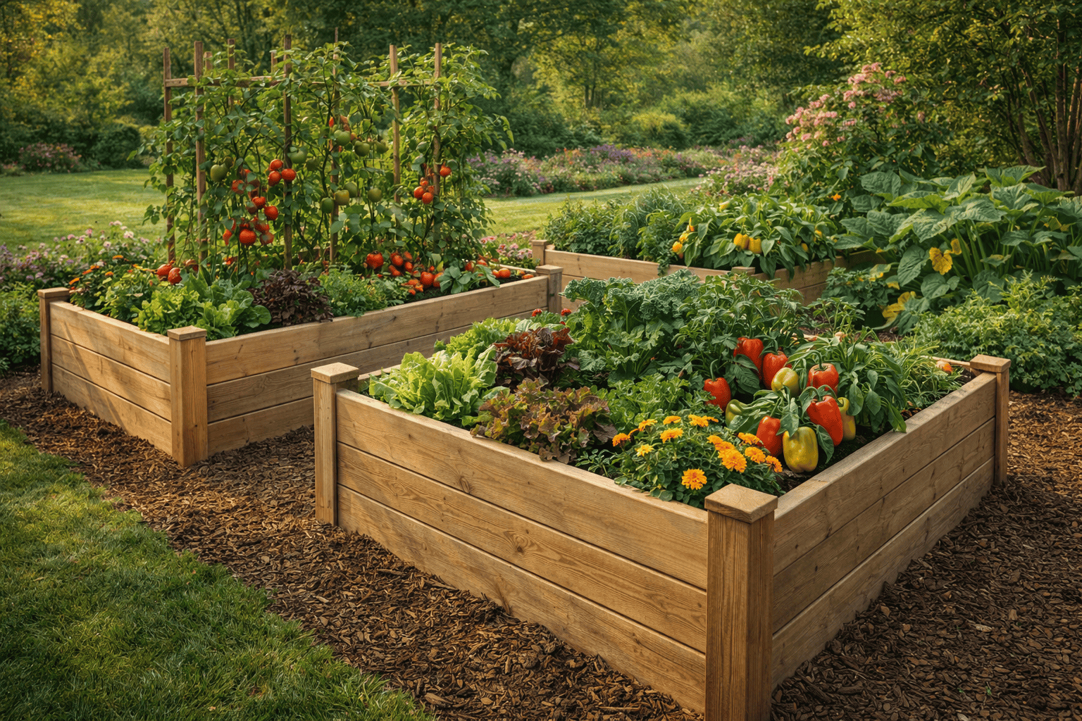 Timber raised beds in a garden