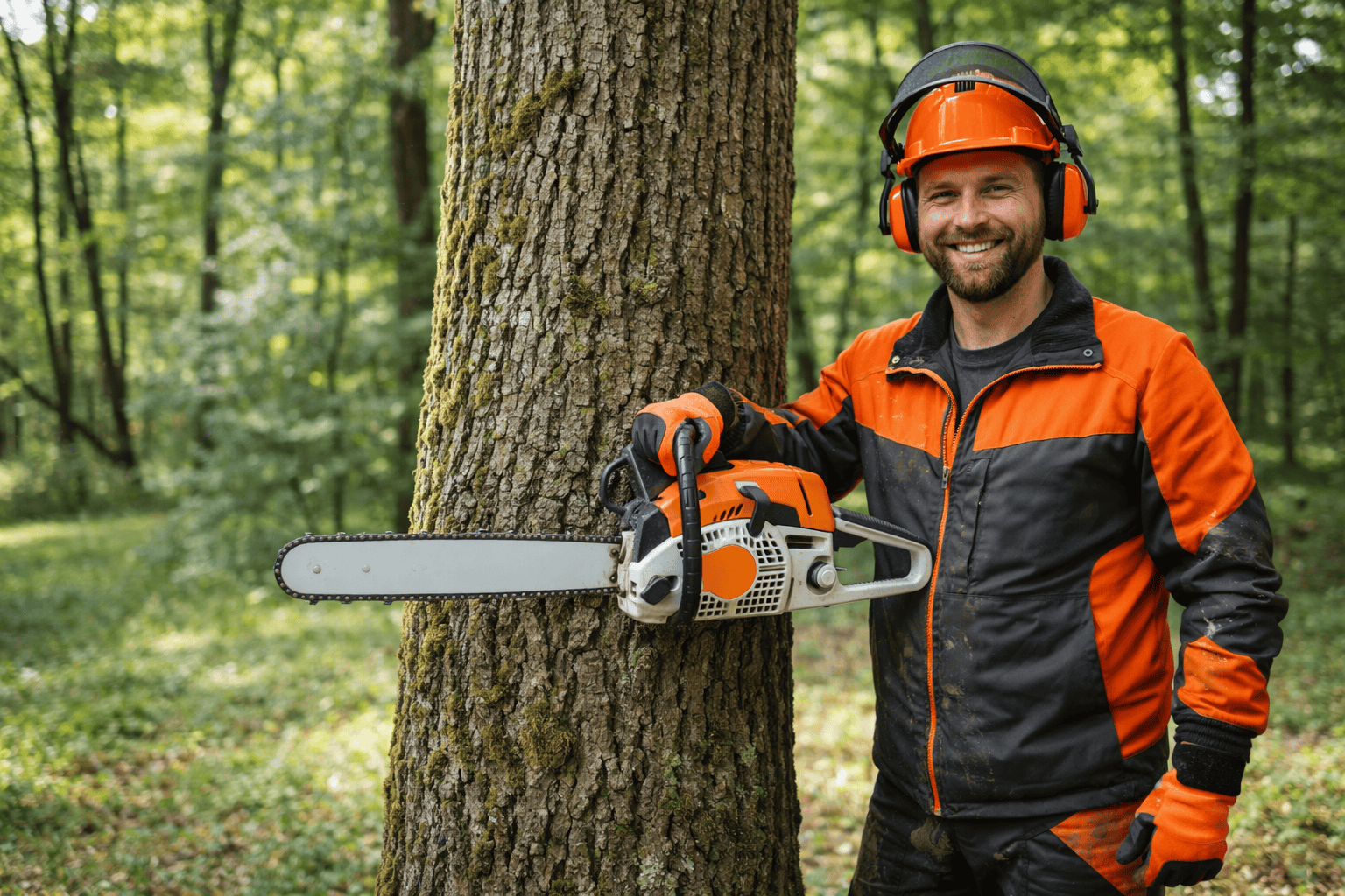 Tree surgeon with safety equipment